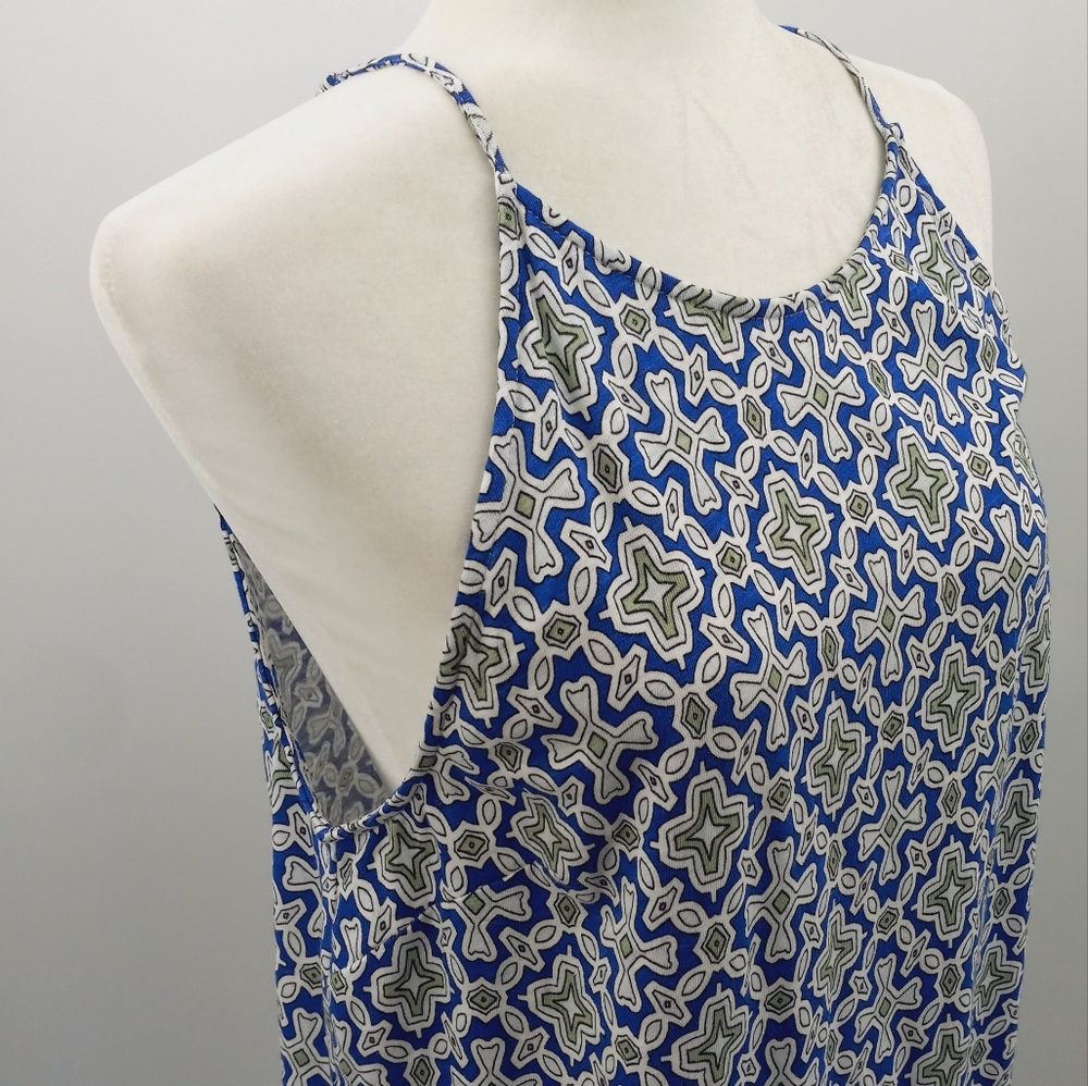 Boden Racer Neck Sundress Size 12L Blue White Heron Flora Tile Print Side Slit - Picture 7 of 12